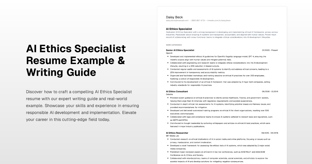 Ai Ethics Specialist Resume Example & Writing Guide