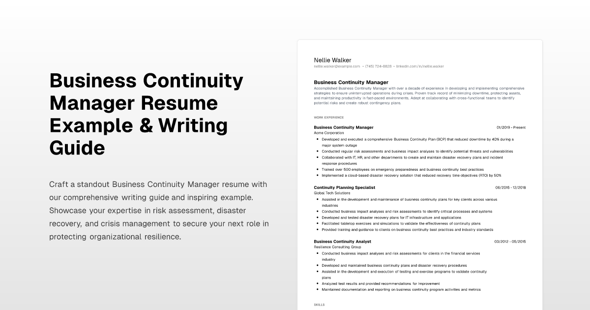 Business Continuity Manager Resume Example & Writing Guide